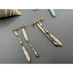 Asymmetrical Biwa Pearl Earrings – Toothpick Design, Unique Long Boho Style